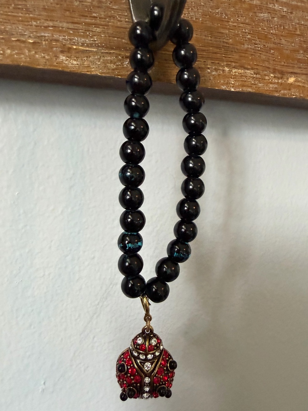 Heidi Daus Critter Couture Ladybug Crystal Charm Black Bead Statement Bracelet